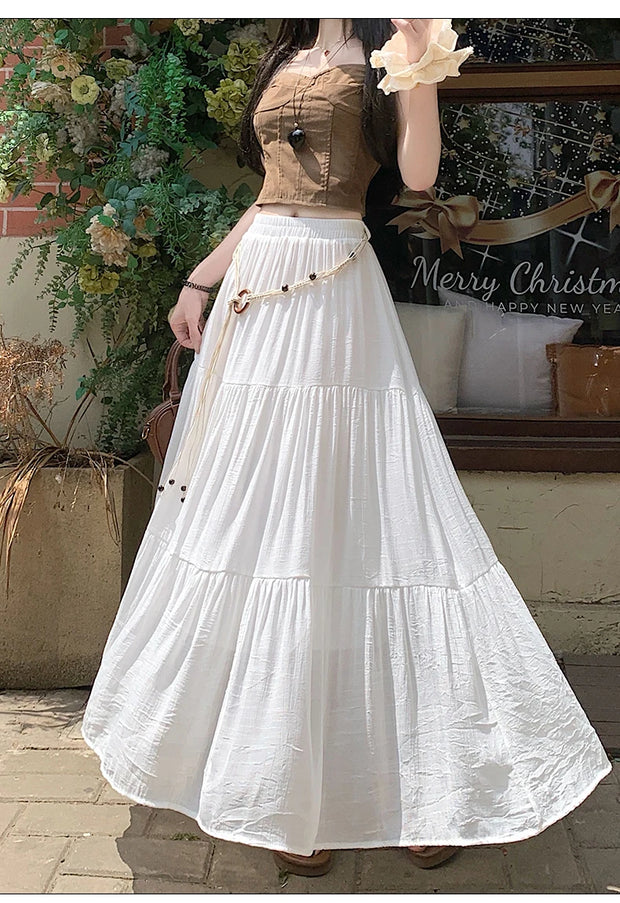 Boho Summer Cotton-Linen Midi Skirt: Flowy A-Line Pleated Long Skirt with Slimming Fit & Hip-Hiding Design for Resort Vacations
