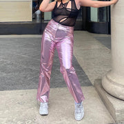 Silver Summer Straight Women's Pants PU Clothing Solid Casual Pocket Trousers Streetwear Fashion High Waist Ankle-Length Pants