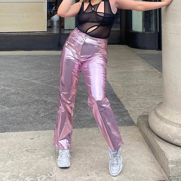 Silver Summer Straight Women's Pants PU Clothing Solid Casual Pocket Trousers Streetwear Fashion High Waist Ankle-Length Pants