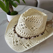 Summer Bohemian Shell Straw Hat Beach Women Men Cowboy Hats Wooden Beads Hollow Out Western Wide Brim Sun Hat Holiday Cap
