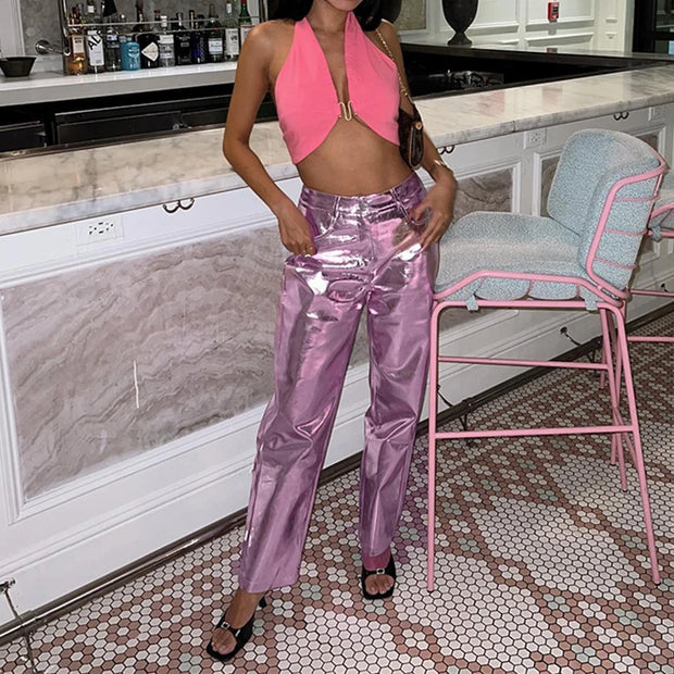 Silver Summer Straight Women's Pants PU Clothing Solid Casual Pocket Trousers Streetwear Fashion High Waist Ankle-Length Pants