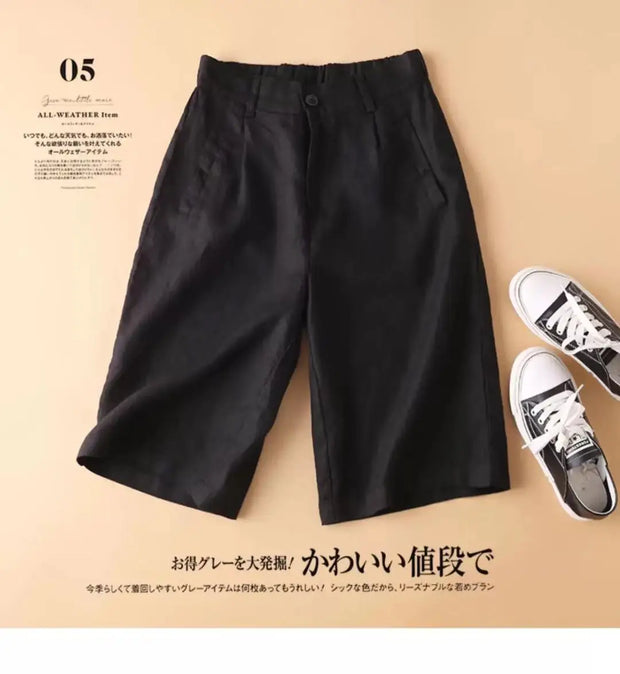 Linen Women's Summer Shorts Casual Elastic Waist White Shorts Solid Basic Loose Wide Leg Cotton Linen Women High Waist Short