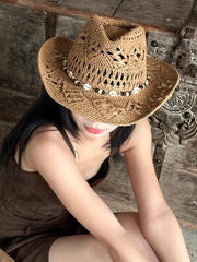 Summer with Shell Beach Hat Women Western Cowboy Hat Wide Brim Sunscreen Sun Hats for Outdoor Breathable Hand-Woven Straw Panama