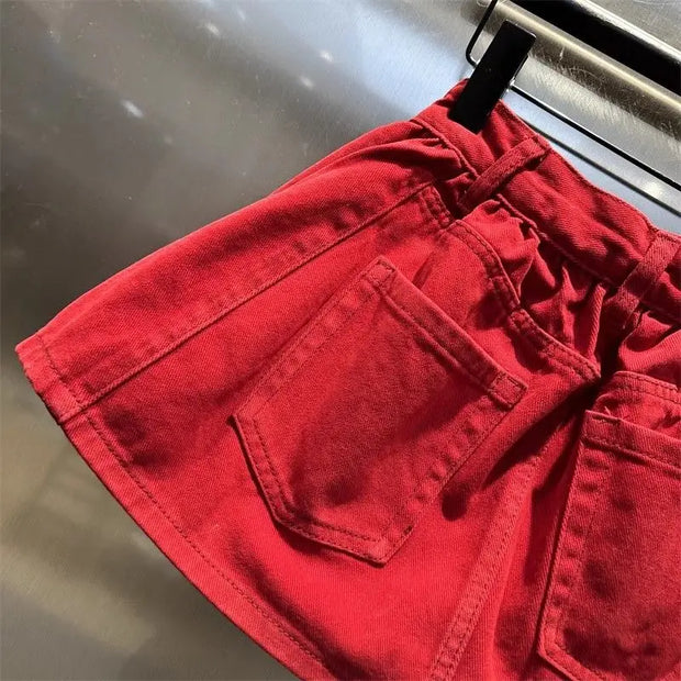 Red High-waisted Denim Skirt 2025 Summer Fashion A-word Anti-light Mini Skirt