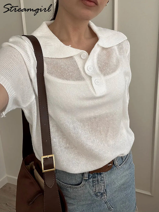 Summer Knitted Polo T Shirt Women Pink Short Puff Sleeve Top Knit Tees White Thin Women's T-shirt Simple Summer Tops For Woman