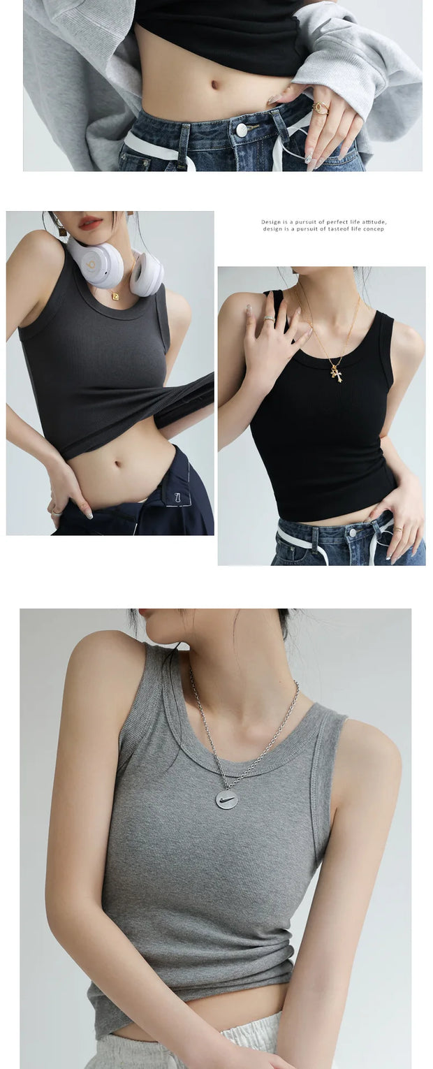 Ribbed Knitted Tops Neck Summer Basic Shirts White Black Casual Sport Vest Off Shoulder  Women's Tank TopWith chest pad