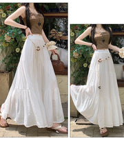 Boho Summer Cotton-Linen Midi Skirt: Flowy A-Line Pleated Long Skirt with Slimming Fit & Hip-Hiding Design for Resort Vacations