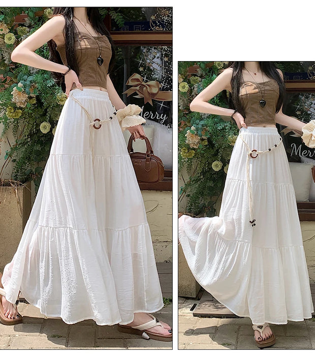 Boho Summer Cotton-Linen Midi Skirt: Flowy A-Line Pleated Long Skirt with Slimming Fit & Hip-Hiding Design for Resort Vacations