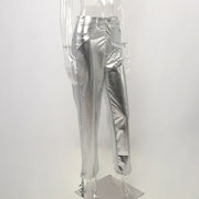 Silver Summer Straight Women's Pants PU Clothing Solid Casual Pocket Trousers Streetwear Fashion High Waist Ankle-Length Pants