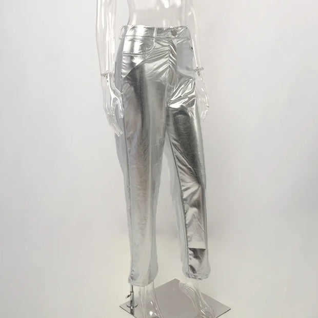 Silver Summer Straight Women's Pants PU Clothing Solid Casual Pocket Trousers Streetwear Fashion High Waist Ankle-Length Pants