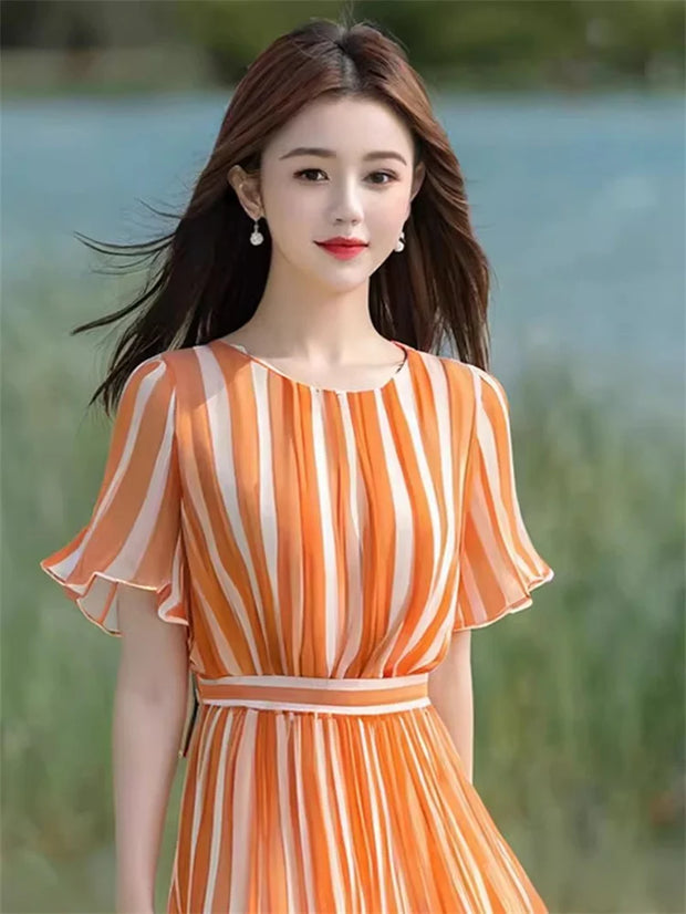 Orange Striped Dress With A Goddess Like Temperament And A Sense Of Luxury Waist Cinching Dress For Women In Summer Short Sleeve