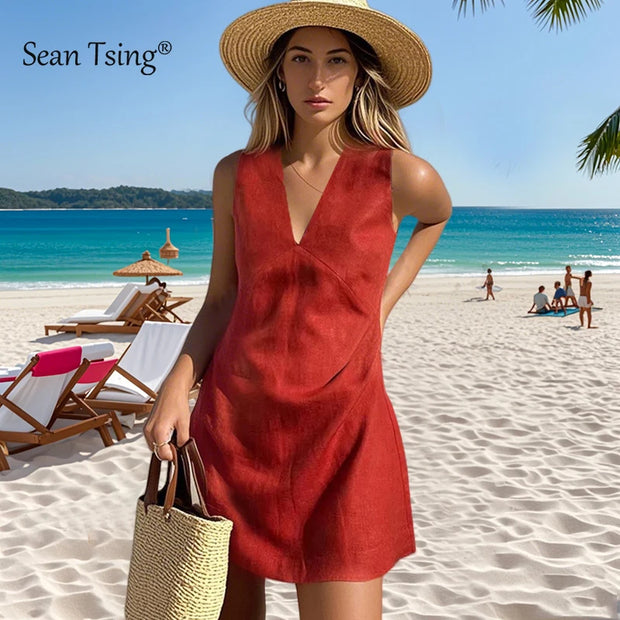 2025 Linen Summer Women Dresses Sexy V-Neck Sleeveless Basic Tank Dress Elegant Party Dresses Chic Boho Red Sundress