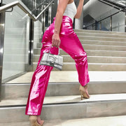 Silver Summer Straight Women's Pants PU Clothing Solid Casual Pocket Trousers Streetwear Fashion High Waist Ankle-Length Pants