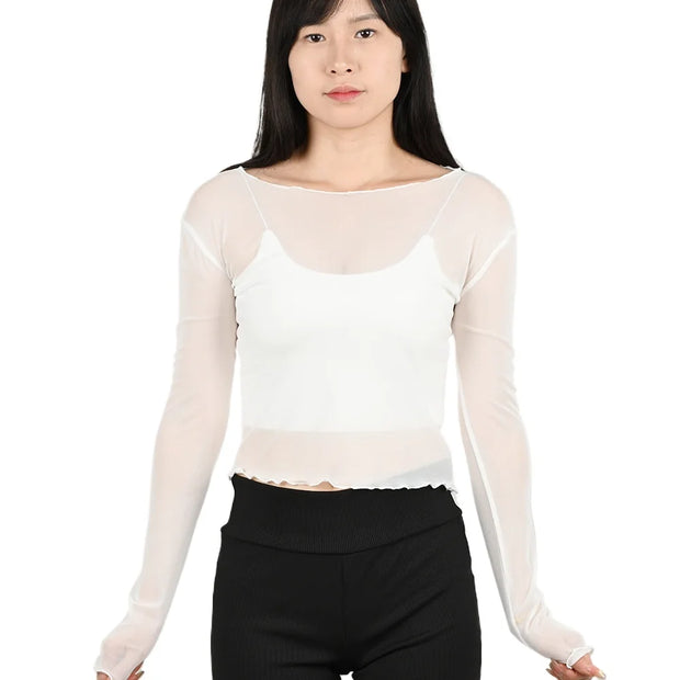 Summer Women Sunscreen T-shirt Girls Sexy Black Mesh Long-sleeved Tops Famale Ice Silk Transparent Sheer Bottom Blouses Shirts