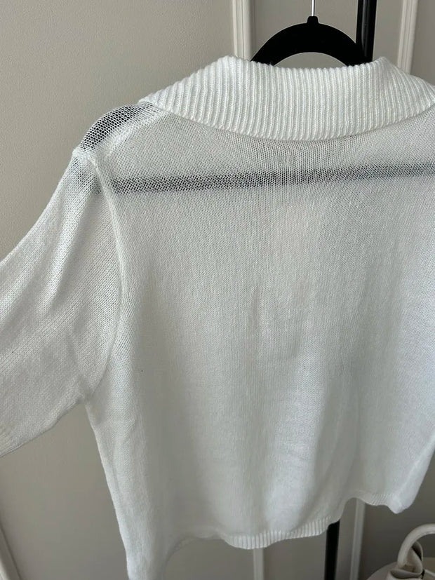 Summer Knitted Polo T Shirt Women Pink Short Puff Sleeve Top Knit Tees White Thin Women's T-shirt Simple Summer Tops For Woman