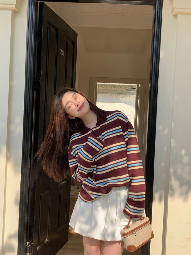 Summer Polo Shirts Woman Long Sleeve Crop Top Color Block Green Stripe Print Polo Shirts Mujer Casual Tops Striped Brown Autumn