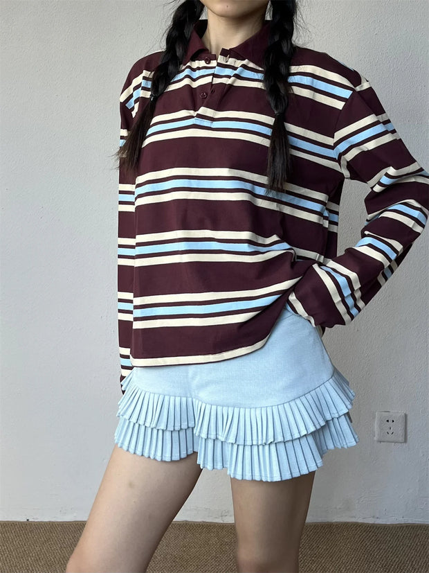 Summer Polo Shirts Woman Long Sleeve Crop Top Color Block Green Stripe Print Polo Shirts Mujer Casual Tops Striped Brown Autumn