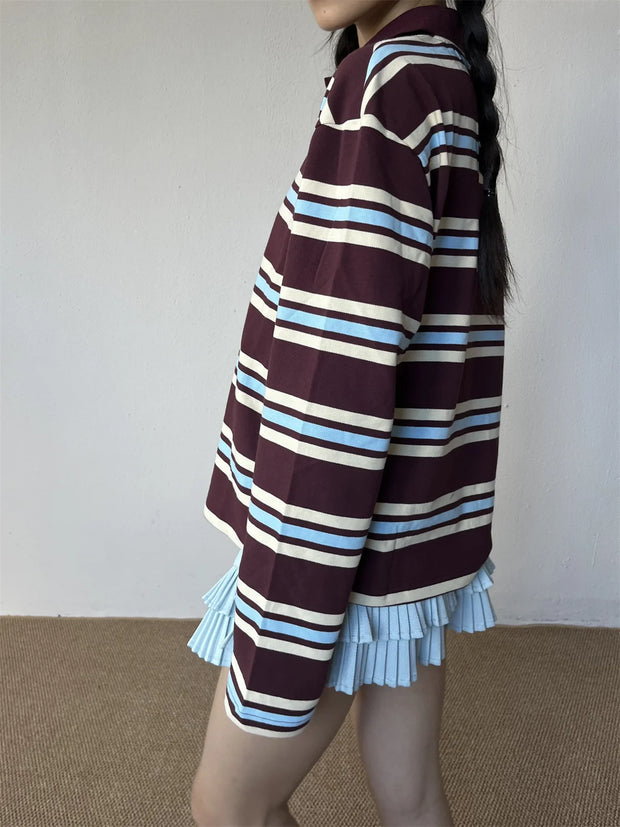 Summer Polo Shirts Woman Long Sleeve Crop Top Color Block Green Stripe Print Polo Shirts Mujer Casual Tops Striped Brown Autumn
