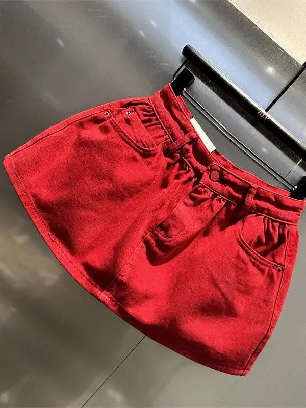Red High-waisted Denim Skirt 2025 Summer Fashion A-word Anti-light Mini Skirt