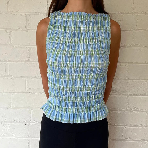 Women Smock Tank Tops Casual Summer Ruffle Hem Plaid Print Sleeveless Shirt Basic Vests 90s Aesthetic Crops Clothes Streetwear