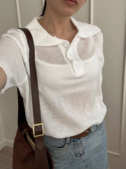 Summer Knitted Polo T Shirt Women Pink Short Puff Sleeve Top Knit Tees White Thin Women's T-shirt Simple Summer Tops For Woman