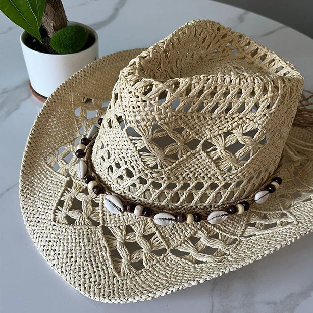 Summer Bohemian Shell Straw Hat Beach Women Men Cowboy Hats Wooden Beads Hollow Out Western Wide Brim Sun Hat Holiday Cap
