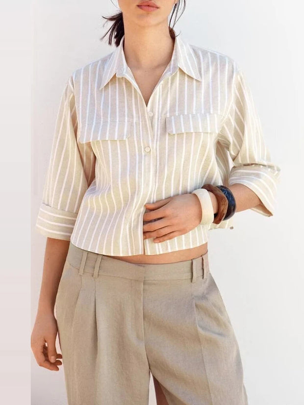 Street Sle mat Casual irt Women's Summer 2025 Wide Sve Turn-down Collar Versatile Polyester Fiber Six Sve Le...