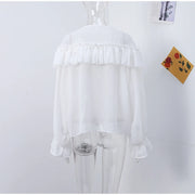 Mesh Sheer Shirt Women Elegant Pleated Layered Deep V Neck Flare Sleeve Pullover Blouse Female 2025 New Commute High Streetwears