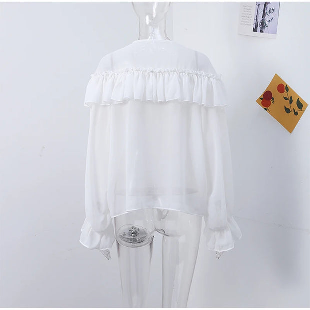 Mesh Sheer Shirt Women Elegant Pleated Layered Deep V Neck Flare Sleeve Pullover Blouse Female 2025 New Commute High Streetwears