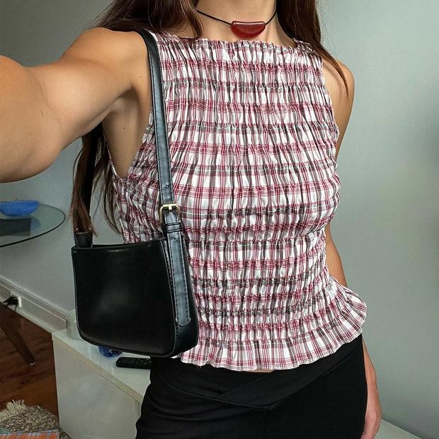Women Smock Tank Tops Casual Summer Ruffle Hem Plaid Print Sleeveless Shirt Basic Vests 90s Aesthetic Crops Clothes Streetwear