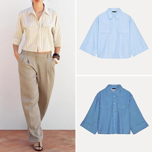 Street Sle mat Casual irt Women's Summer 2025 Wide Sve Turn-down Collar Versatile Polyester Fiber Six Sve Le...