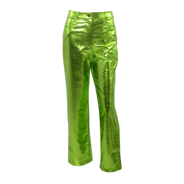 Silver Summer Straight Women's Pants PU Clothing Solid Casual Pocket Trousers Streetwear Fashion High Waist Ankle-Length Pants
