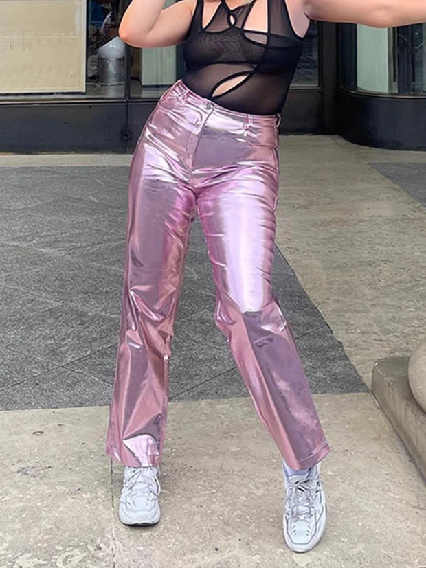 Silver Summer Straight Women's Pants PU Clothing Solid Casual Pocket Trousers Streetwear Fashion High Waist Ankle-Length Pants