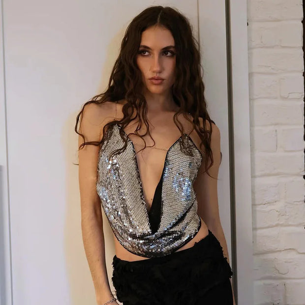 2025 Summer Silver Sparkling Camisole Fashion Sexy Hot Girls Sequins V-Neck Hanging Neck Backless Top Y2k Party Looks Top Women