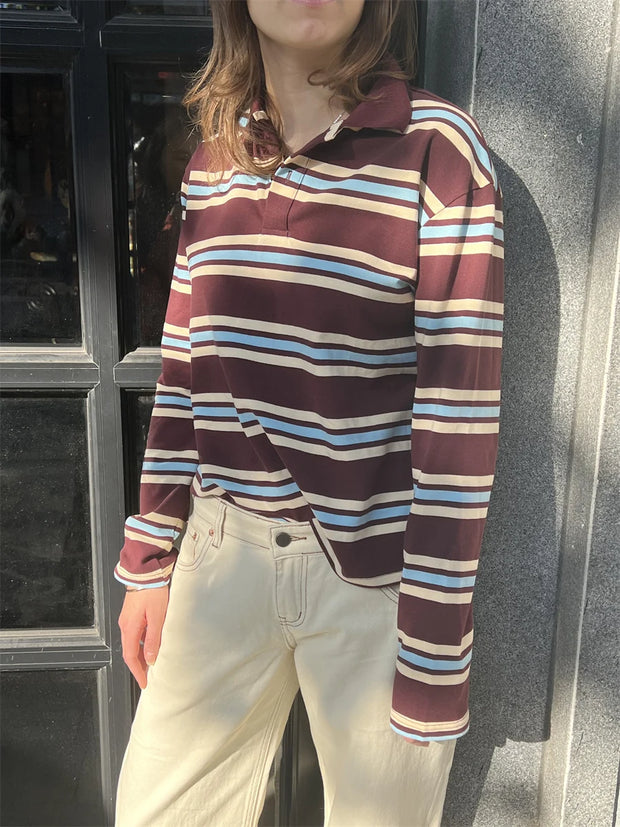 Summer Polo Shirts Woman Long Sleeve Crop Top Color Block Green Stripe Print Polo Shirts Mujer Casual Tops Striped Brown Autumn