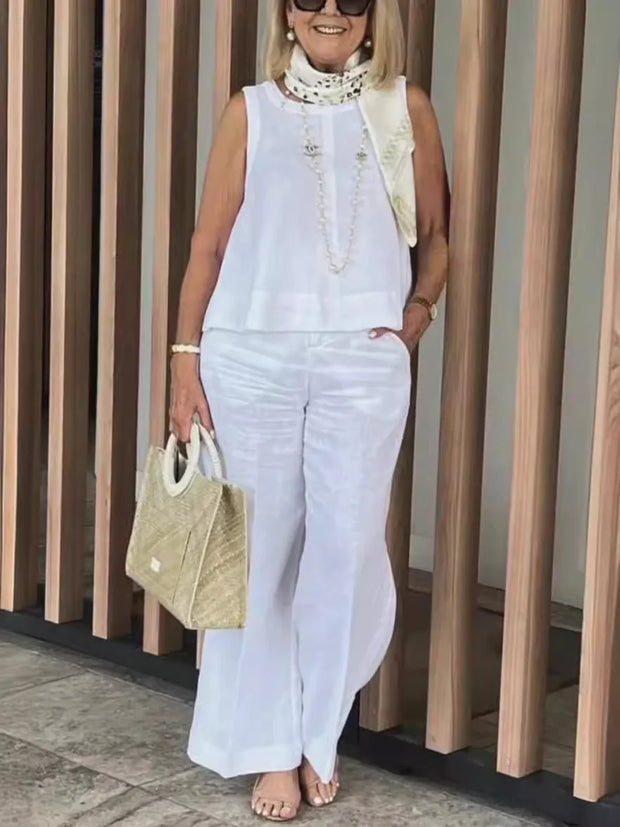 Summer Linen 2 Piece Set Women Casual Solid 2 Piece Outfit Sleeveless Blouse Tops Wide Leg Pants Suit Women Street Wear Sets