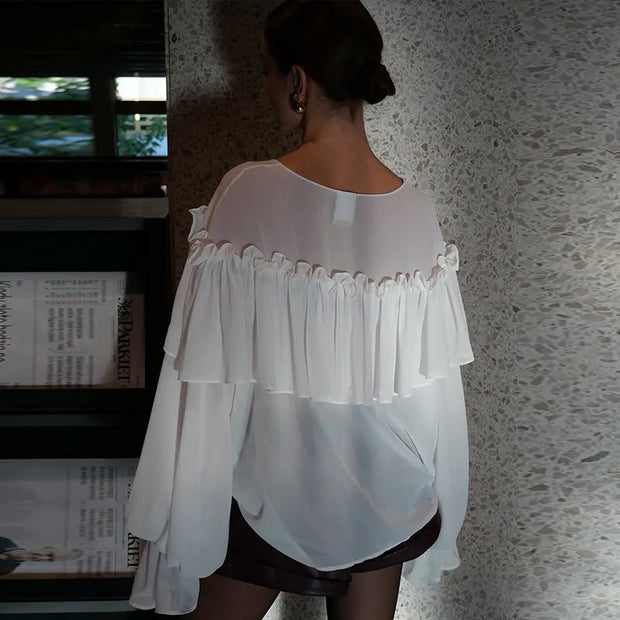 Mesh Sheer Shirt Women Elegant Pleated Layered Deep V Neck Flare Sleeve Pullover Blouse Female 2025 New Commute High Streetwears