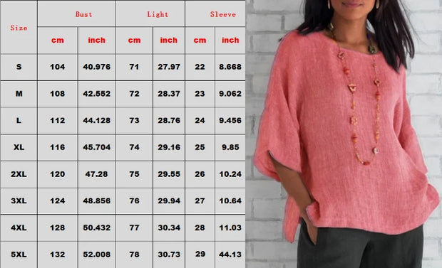 Cotton Linen Blouse Shirts Summer O-Neck Three Quarter Loose Casual Linen Blouse Tops Summer Cothes For Women Streetwear