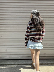 Summer Polo Shirts Woman Long Sleeve Crop Top Color Block Green Stripe Print Polo Shirts Mujer Casual Tops Striped Brown Autumn