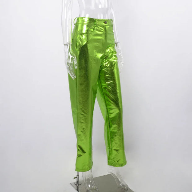 Silver Summer Straight Women's Pants PU Clothing Solid Casual Pocket Trousers Streetwear Fashion High Waist Ankle-Length Pants