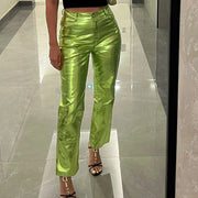 Silver Summer Straight Women's Pants PU Clothing Solid Casual Pocket Trousers Streetwear Fashion High Waist Ankle-Length Pants