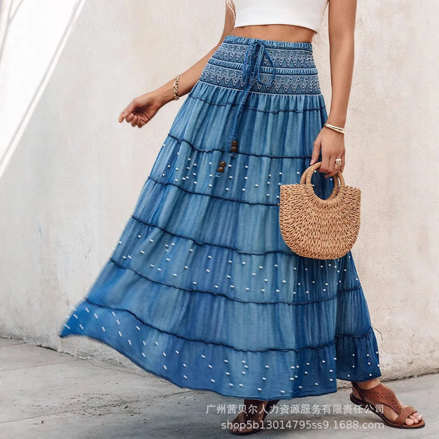 Denim Skirts Women Mid Length Skirt A Line Slim Fit Elegant Splice Y2k Streetwear High Waist Casual Work Lace Up Summer 2025