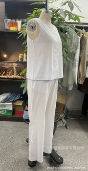 Summer Linen 2 Piece Set Women Casual Solid 2 Piece Outfit Sleeveless Blouse Tops Wide Leg Pants Suit Women Street Wear Sets