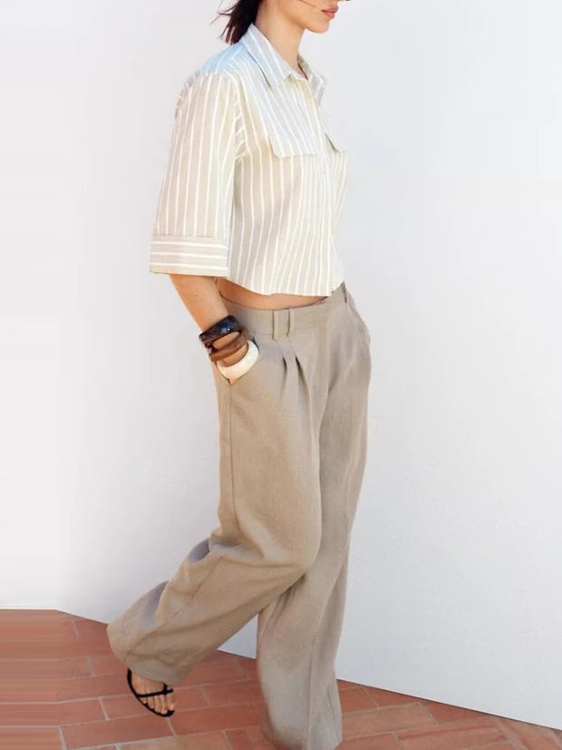 Street Sle mat Casual irt Women's Summer 2025 Wide Sve Turn-down Collar Versatile Polyester Fiber Six Sve Le...