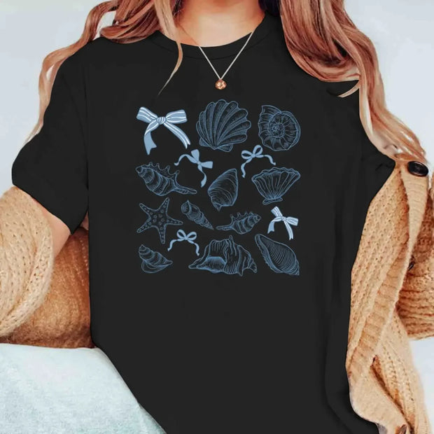 Summer Four Seasons Ins Personality American Blue Bow Shell Printing Women's T-shirt Fashionable Oversized Half-sleeved Top
