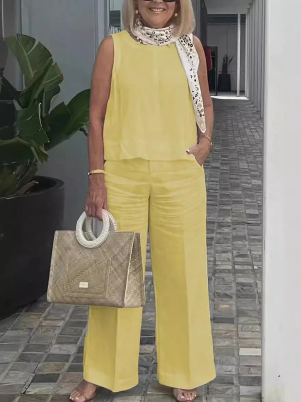 Summer Linen 2 Piece Set Women Casual Solid 2 Piece Outfit Sleeveless Blouse Tops Wide Leg Pants Suit Women Street Wear Sets