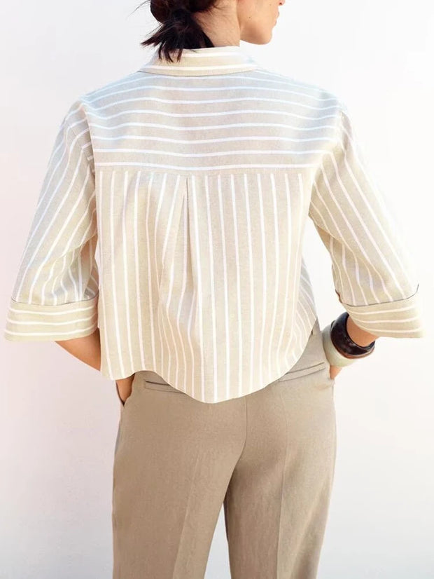 Street Sle mat Casual irt Women's Summer 2025 Wide Sve Turn-down Collar Versatile Polyester Fiber Six Sve Le...