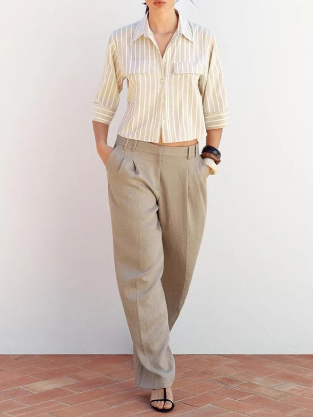 Street Sle mat Casual irt Women's Summer 2025 Wide Sve Turn-down Collar Versatile Polyester Fiber Six Sve Le...