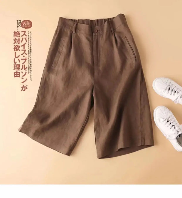 Linen Women's Summer Shorts Casual Elastic Waist White Shorts Solid Basic Loose Wide Leg Cotton Linen Women High Waist Short