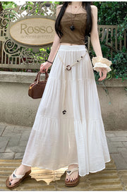 Boho Summer Cotton-Linen Midi Skirt: Flowy A-Line Pleated Long Skirt with Slimming Fit & Hip-Hiding Design for Resort Vacations
